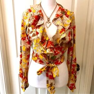 UNIQUE VINTAGE beautiful cropped tie blouse. Excellent condition. Sz S/4